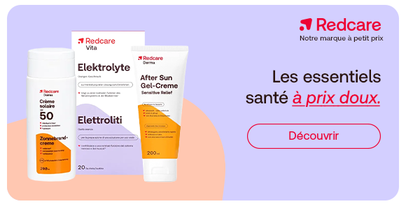 Les essentiels santé à prix doux de la marque Redcare : crème solaire SPF 50, électrolytes et gel-crème après-soleil. La bannière met en avant des produits essentiels pour l’été et invite à découvrir l’assortiment.