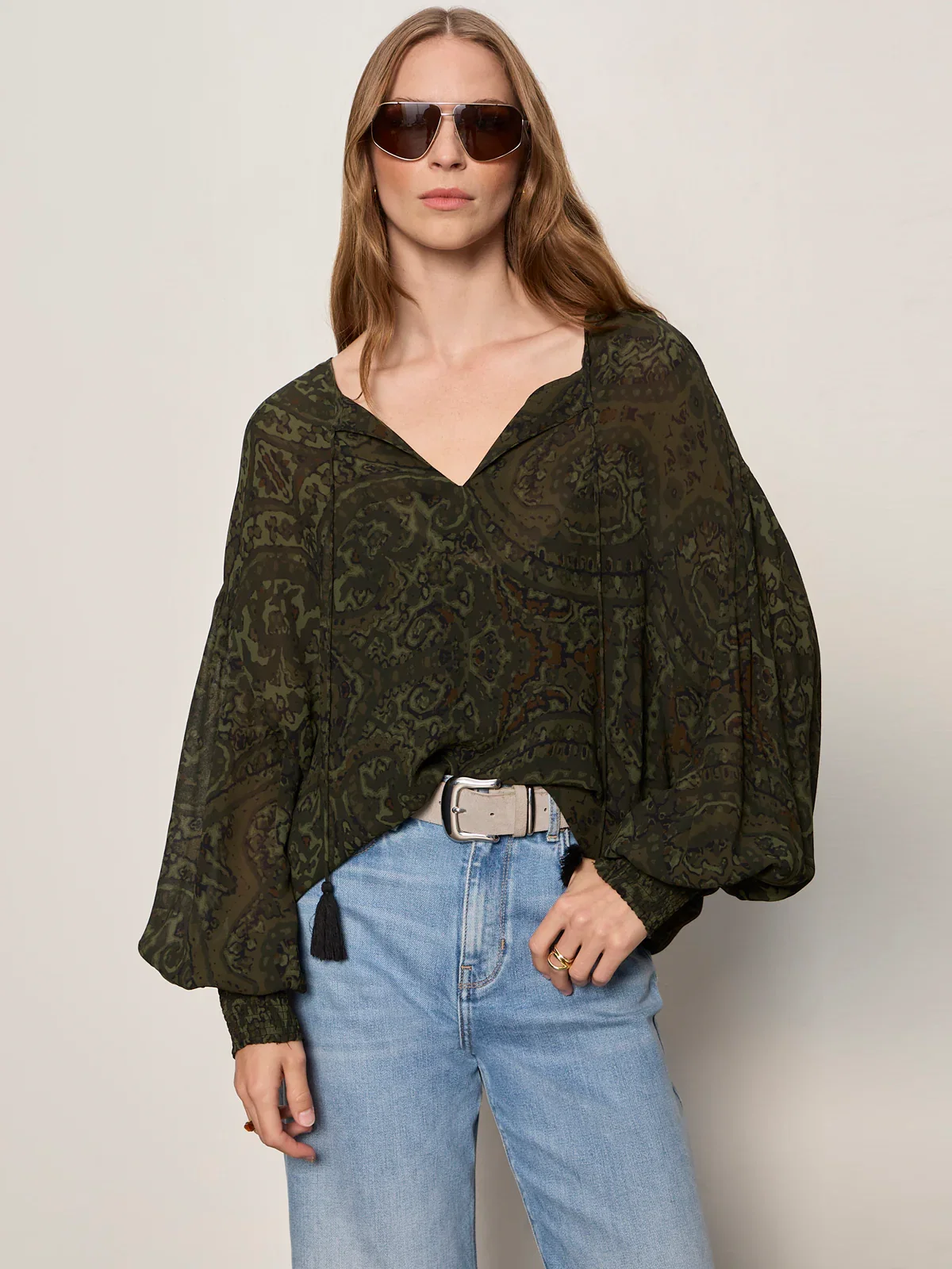 Image of The Moment Volume Blouse Midnight Moss Petite Sizing