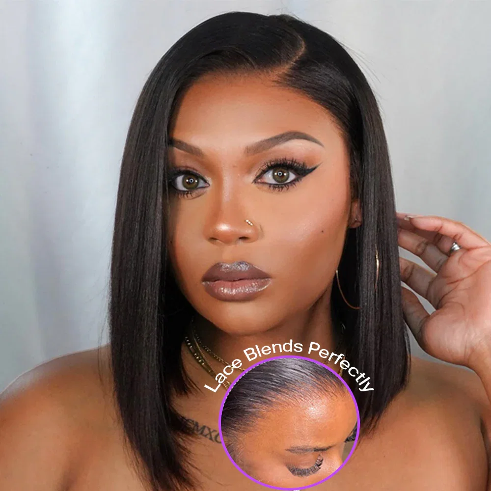 Megalook Bogo Free 13x4 Straight Bob Lace Front Wig Invisible Knots Natural Black With Natural Hairline