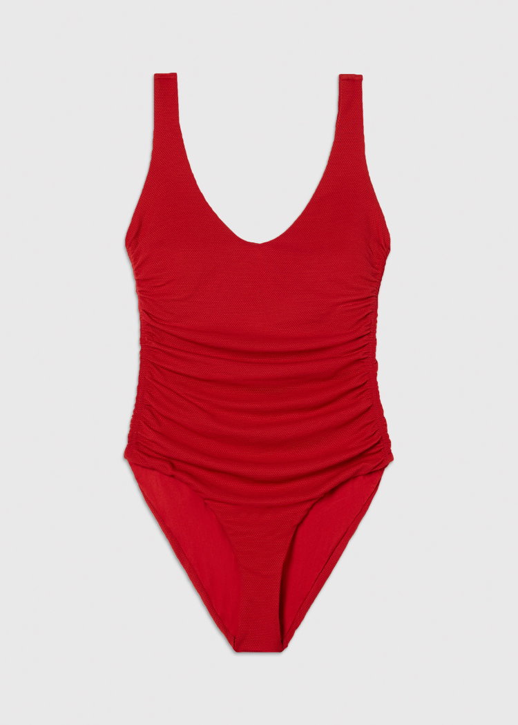 Red Textured Side Ruched Swimsuit