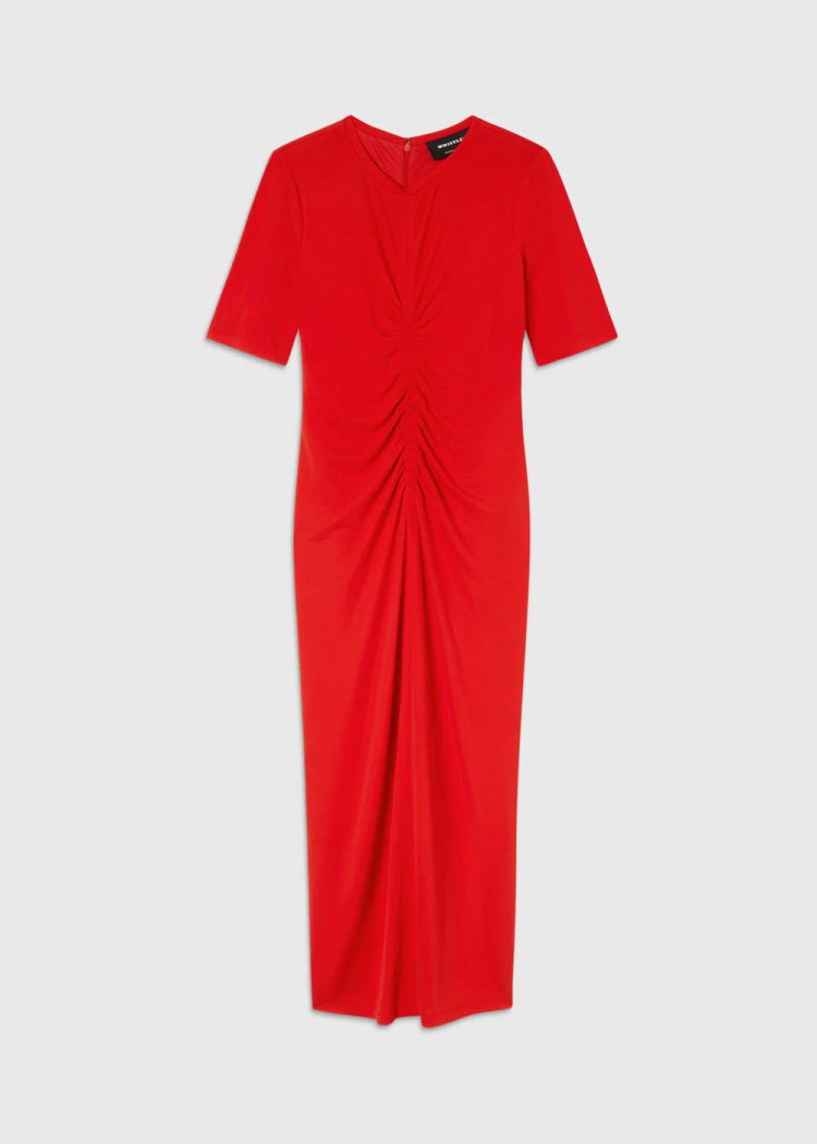 Red Gathered Jersey Midi Dress