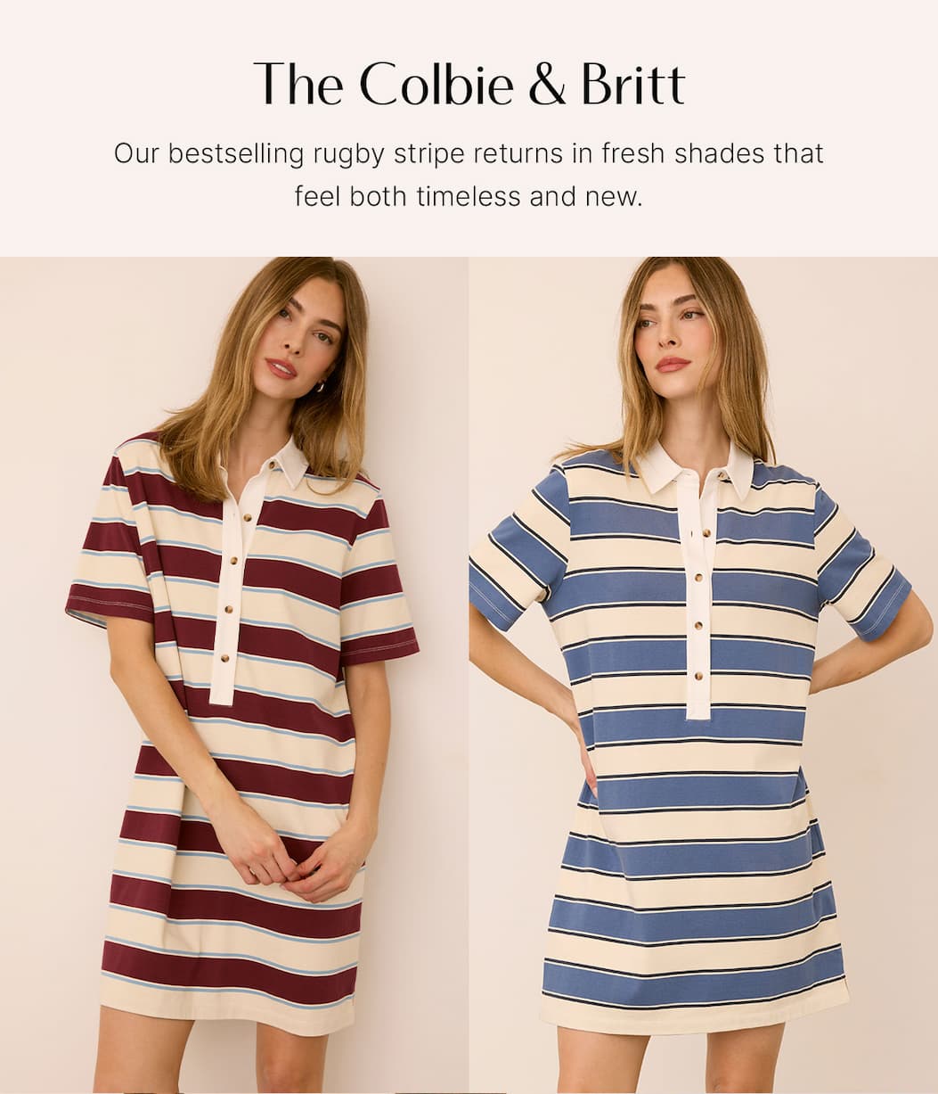 Models wear striped Colbie rugby dresses in burgundy and blue colorways.