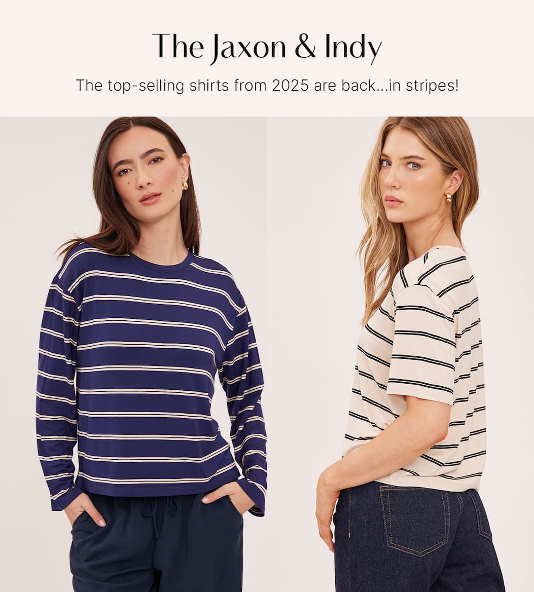 Models wear striped Jaxon & Indy tops in navy and cream with coordinating bottoms.