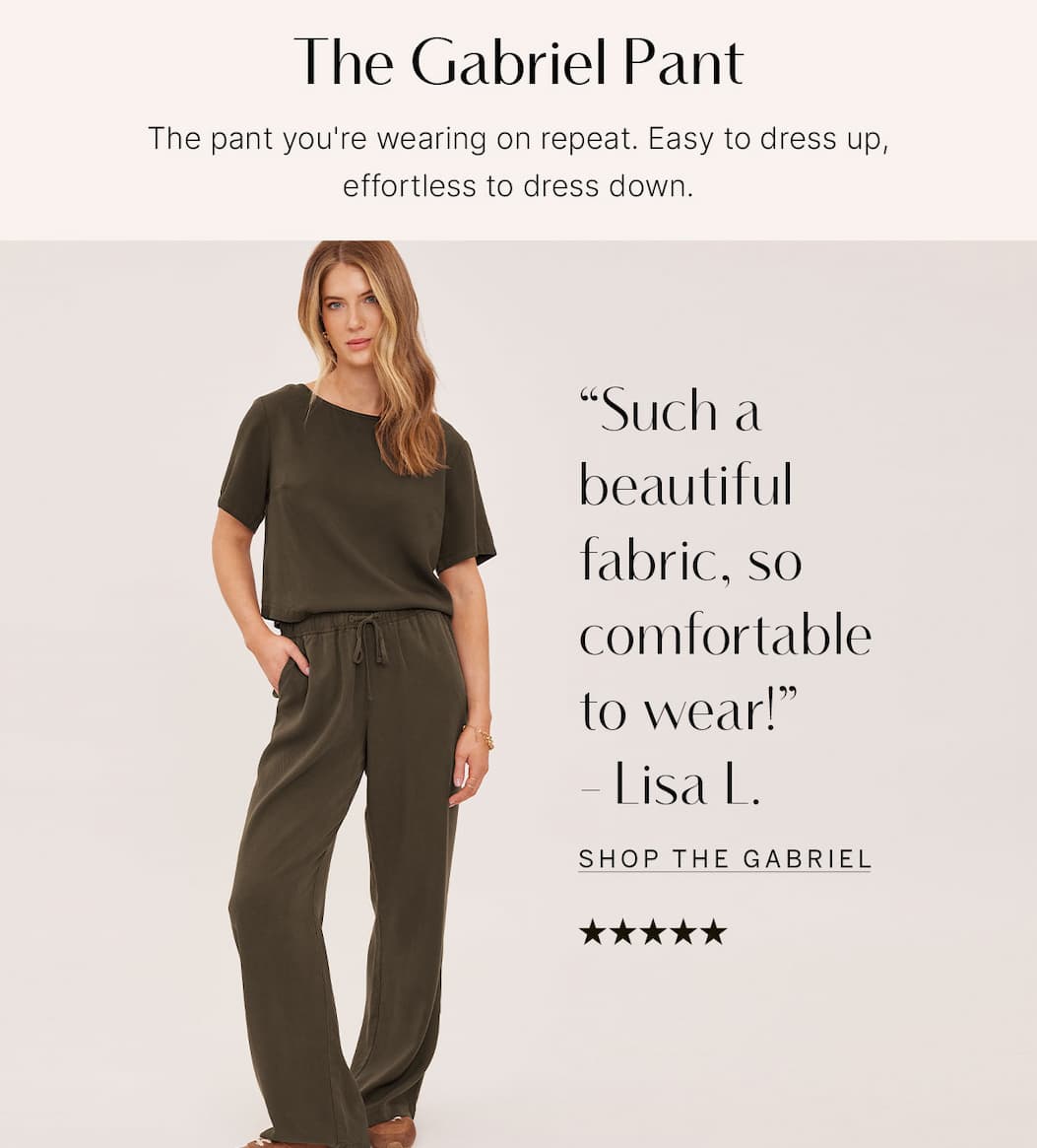 Model wears olive Gabriel top and pants with five-star customer review. “Shop the Gabriel.”