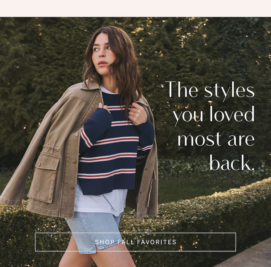 Model wears a striped sweater layered over a white tee with a utility jacket and denim shorts. Text: “The styles you loved most are back.”