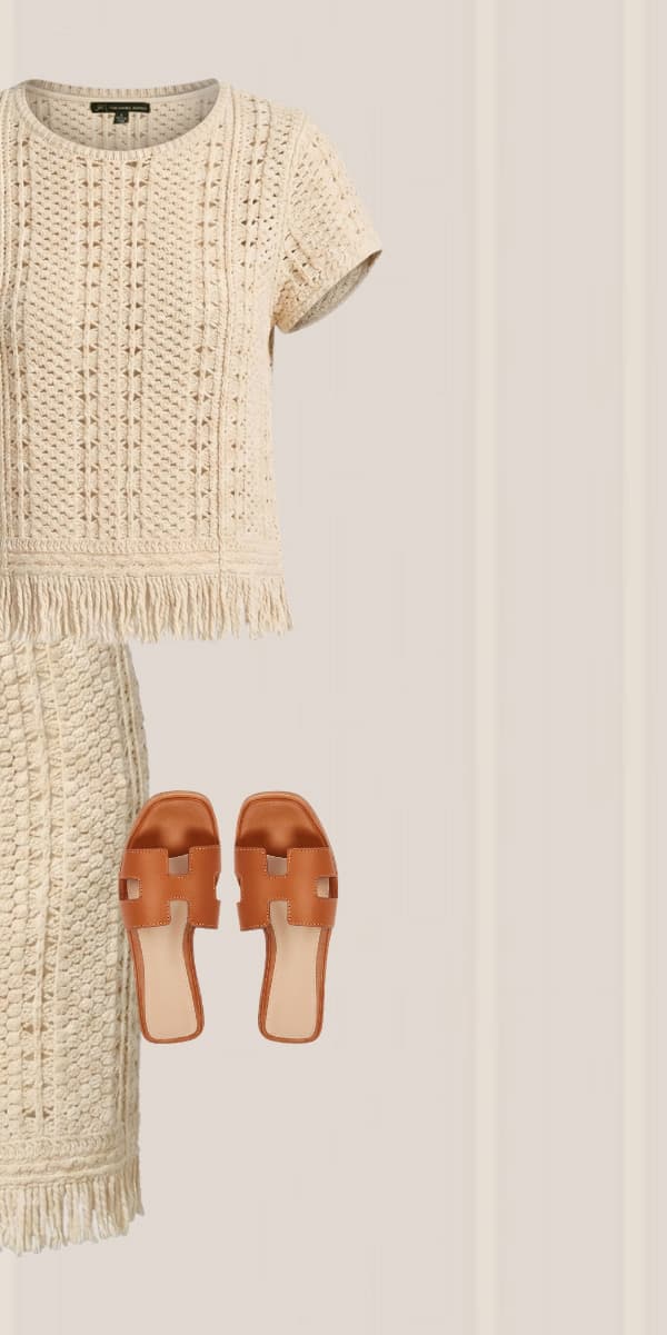 Short Sleeve Cable Crochet Open Knit Fringe Top In Cream