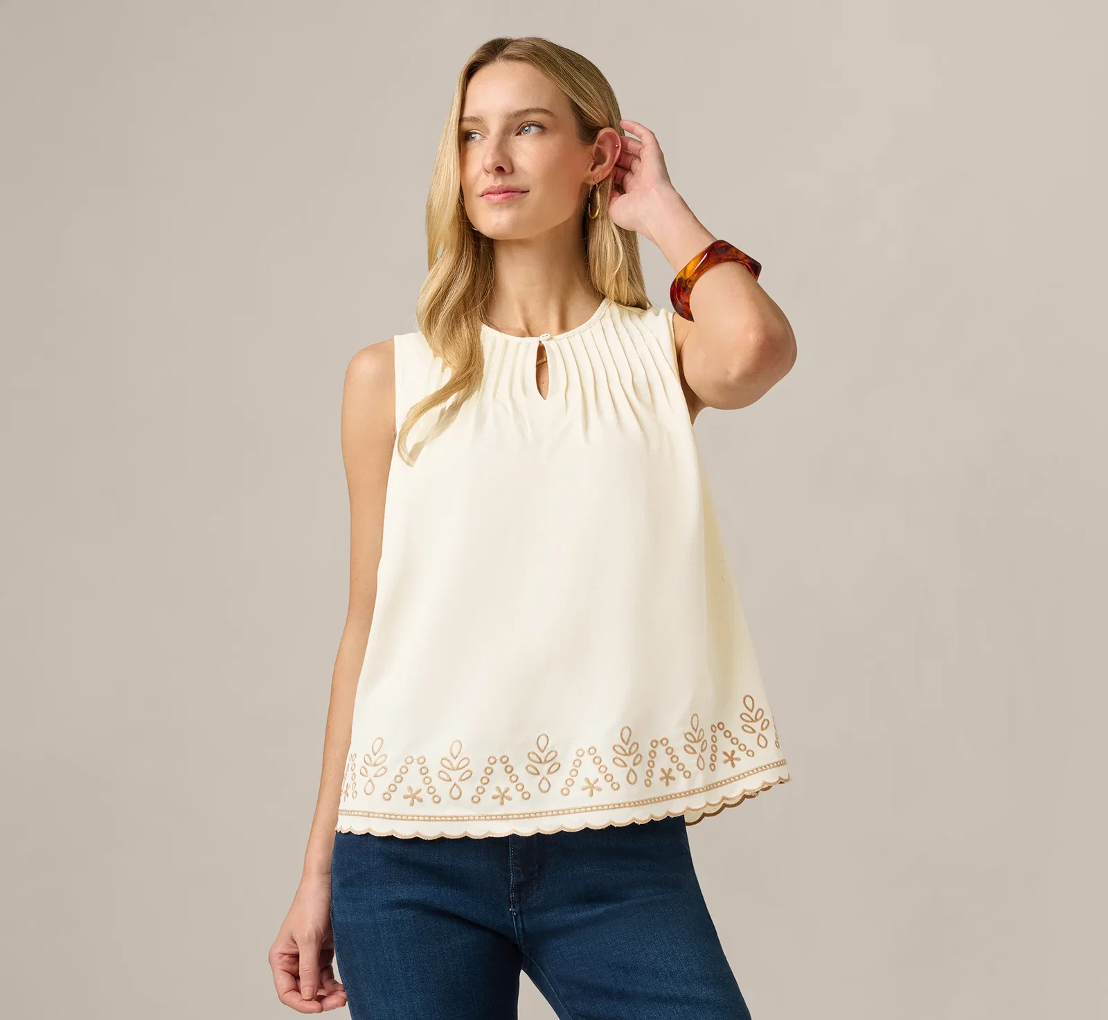 Image of Embroidered Pintuck Keyhole Tank Top In Beige Fawn Taos Taupe