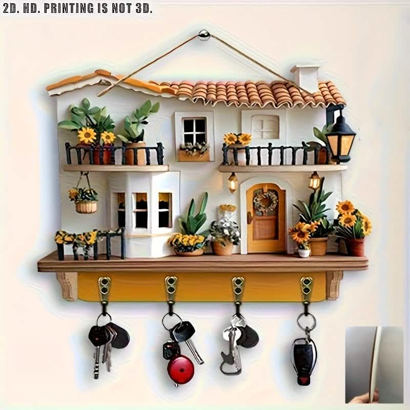Image of Sunflower Cottage Wooden Key Holder – 4 Hooks, Wall Decor (Boho Style)