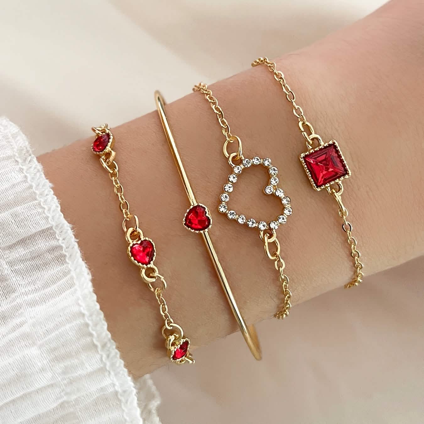 Image of 4pcs Rhinestone Alloy Bracelet Set – Minimalist Heart & Square Design