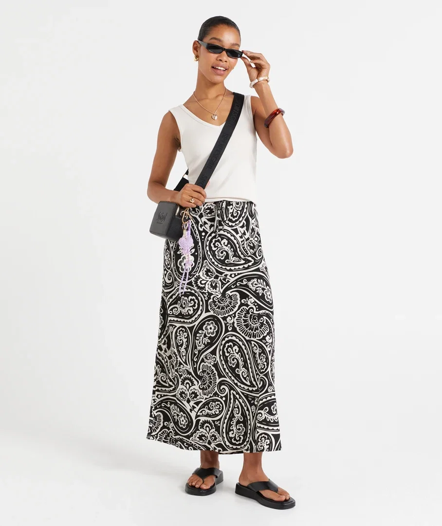 AVA BIAS DRAWCORD LINEN BLEND MIDI SKIRT