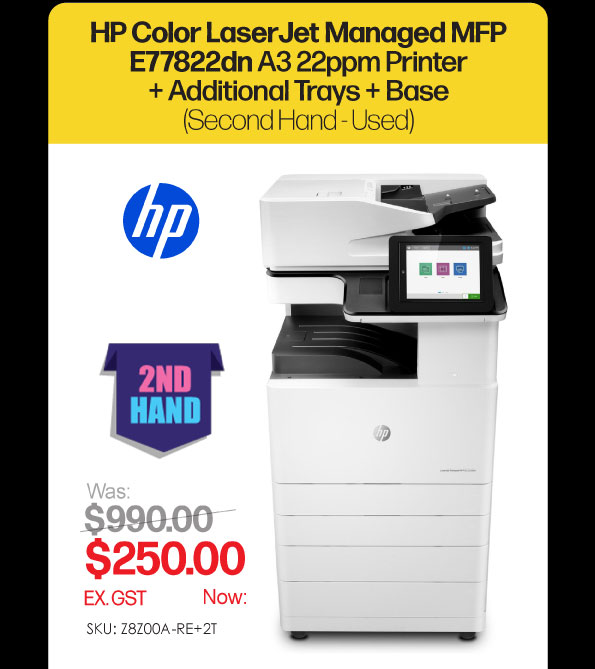 2nd Hand HP Color LaserJet Managed E77822dn 22ppm A3 Colour Multifunction Printer + Additional Trays + Base - Was $990, Now $250 Ex GST