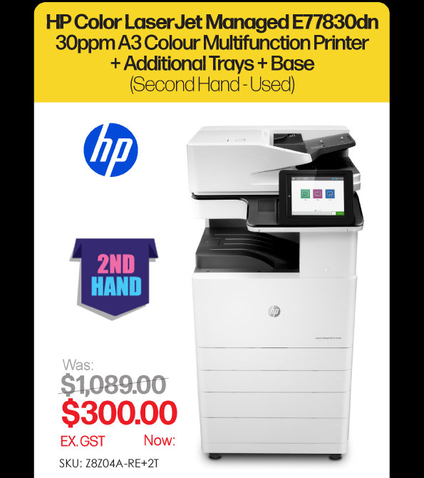 2nd Hand HP Color LaserJet Managed E77830dn 30ppm A3 Colour Multifunction Printer + Additional Trays + Base - Was $1,089, Now $300 Ex GST