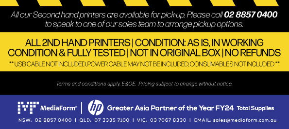 All 2nd Hands Working Condition, As Is & Fully Tested. Not in Original Box, No Refunds, USB Cable / Power Cable / Consumables may not be included. Contact us @ MediaForm for more 2nd hand printers or devices