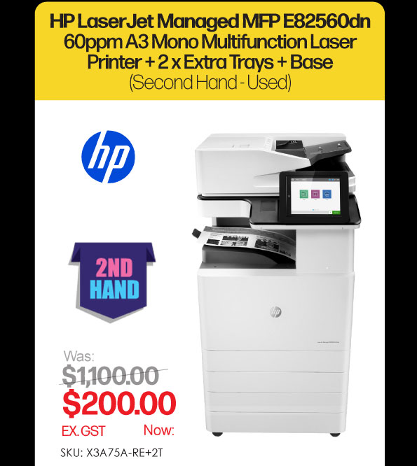 2nd Hand HP LaserJet Managed E82560dn 60ppm A3 Mono Multifunction Printer + 2 Extra Trays + Base - Was $1,100, Now $200 Ex GST