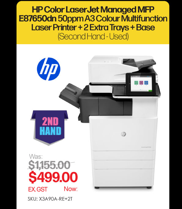 2nd Hand HP Color LaserJet Managed E87650dn 50ppm A3 Colour Multifunction Printer + 2 Extra Trays + Base - Was $1,155, Now $499 Ex GST