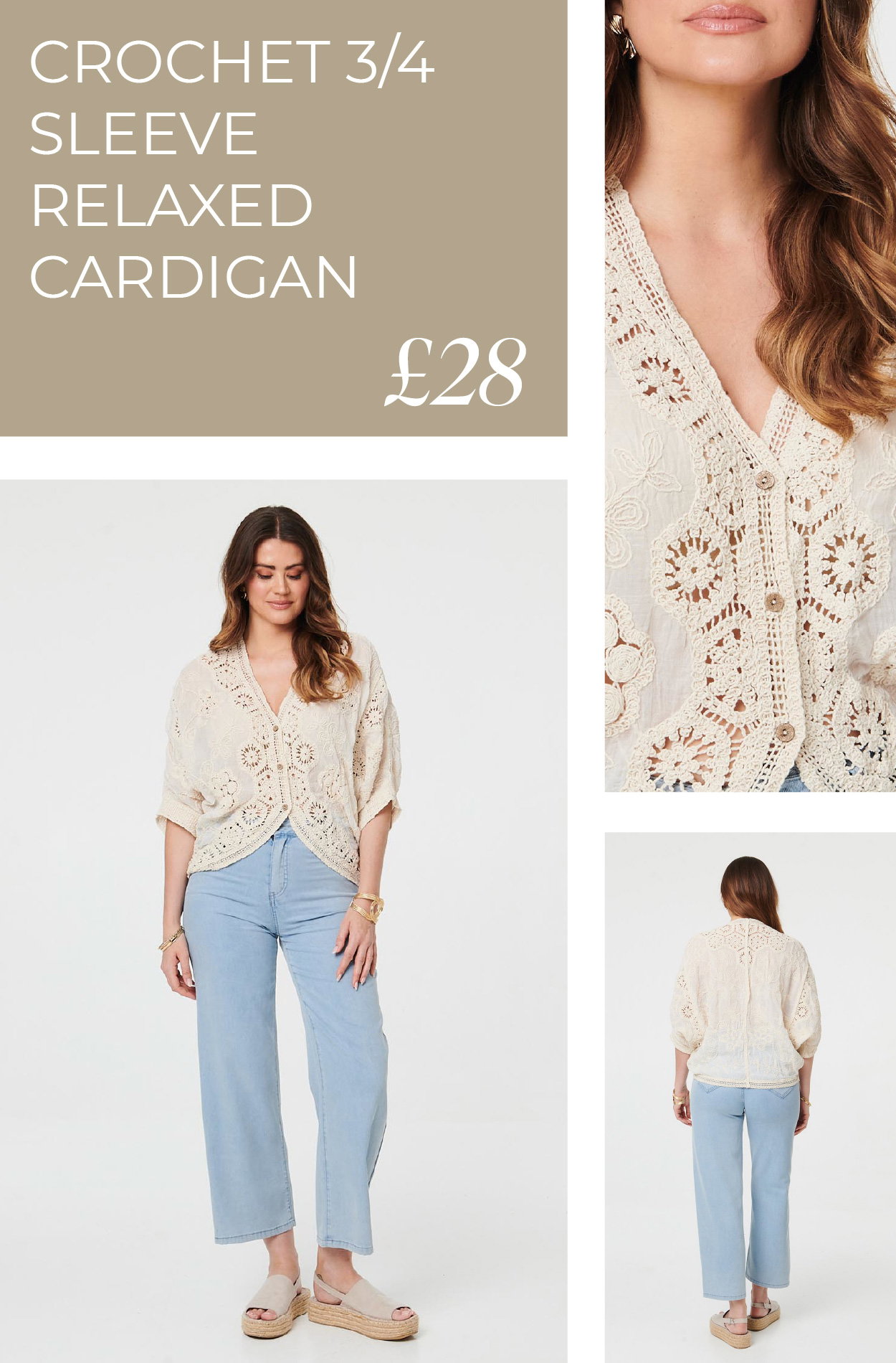Crochet 3/4 Sleeve Relaxed Cardigan | Shop Now