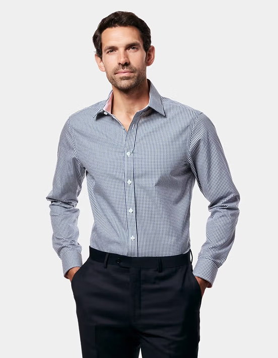 Fitted Slim Navy & White Gingham Check Non-Iron Shirt - Contrast Detail