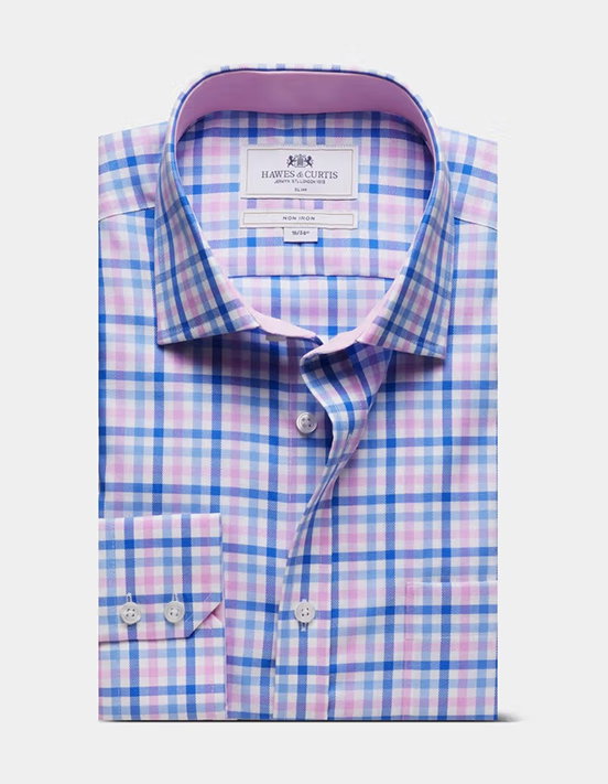 Slim Fit Blue & Pink Multi Check Non-Iron Shirt - Contrast Detail