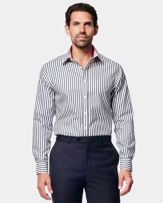 Fitted Slim Navy & White Bold Stripe Non-Iron Shirt - Contrast Detail