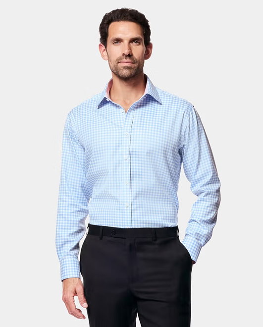 Slim Fit Blue & White Bold Check Non-Iron Shirt - Contrast Detail