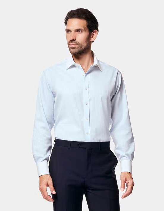 Slim Fit Blue Twill Herringbone Stripe Non-Iron Shirt - Contrast Detail