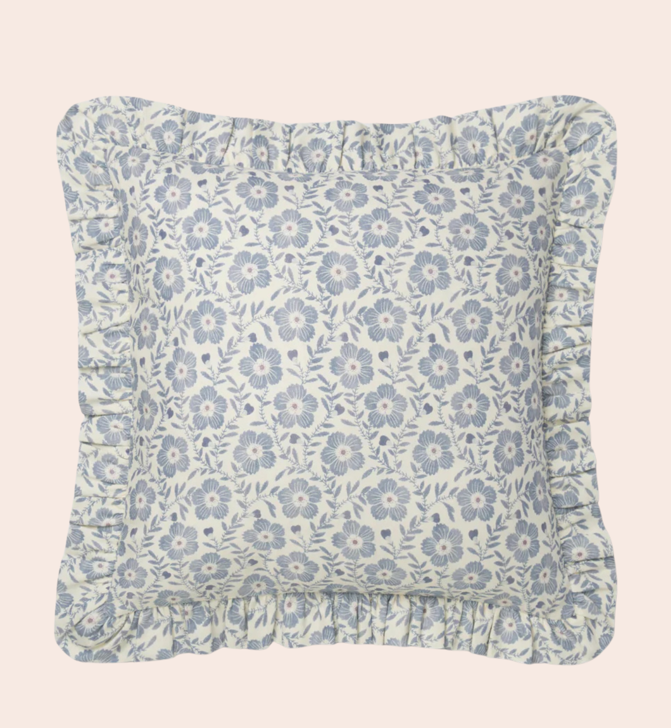 Dusk Blue Folk Floral Frill Linen Blend Filled Cushion