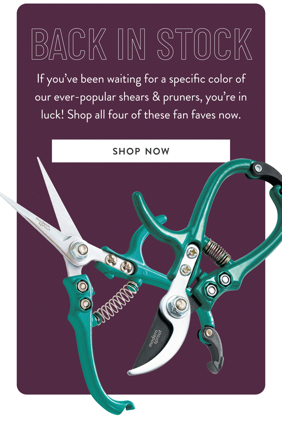 Back in Stock! If you’ve been waiting for a specific color of our ever-popular shears & pruners, you’re in luck! Shop all four of these fan faves now. SHOP NOW >