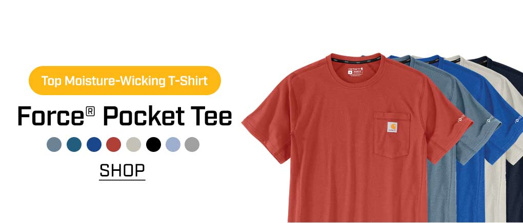 A row of 5 t-shirts. 