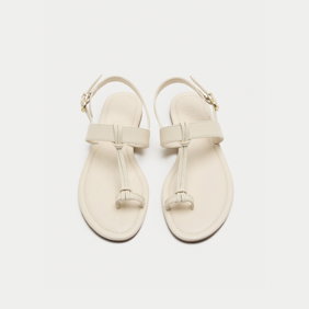 White Leather Ankle Strap Flat Toe Loop Sandals