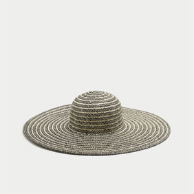 Black Mix Straw Striped Wide Brim Hat