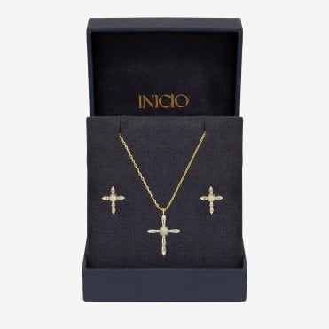 Inicio 14K Gold Plated Cubic Zirconia and Opal Cross Set - Gift Box