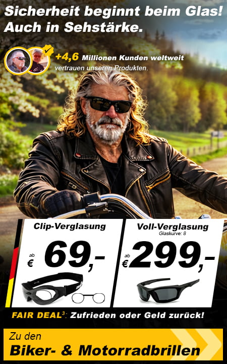 Sicherheit beginnt bei Glas! Auch in Sehstärke. Zu den Biker- & Motorradbrillen »