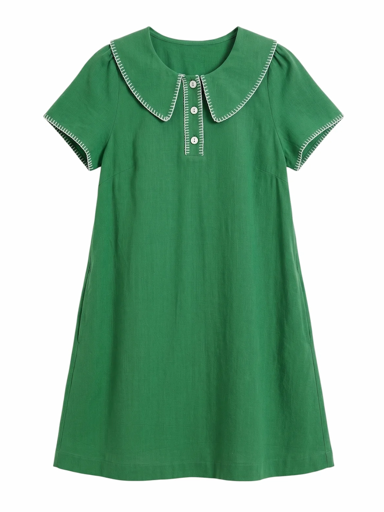Flat shot of the dot blanket stitch dress green