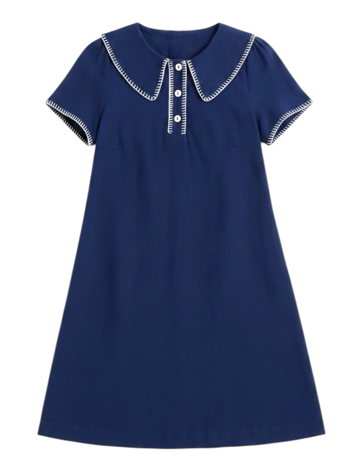 Flat shot of the dot blanket stitch dress navy