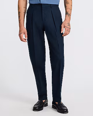 Dark Blue Linen Cotton Pleated Tapered Dress Pant