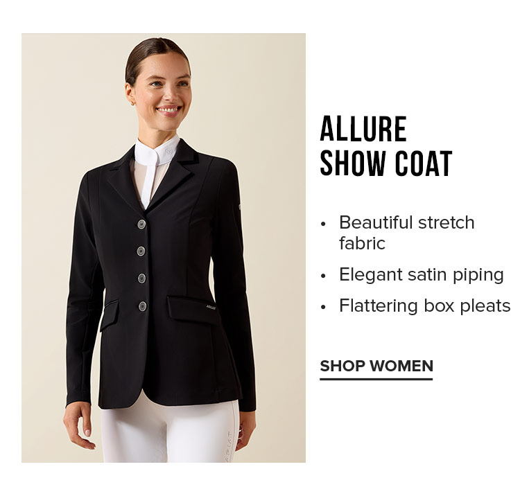 Allure Show Coat. Beautiful stretch fabric. Elegant satin piping. Flattering box pleats