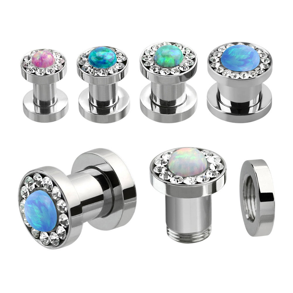  Rim CZ Opal Screw Fit Tunnels Ear Gauges Piercings | Luxe Modz 