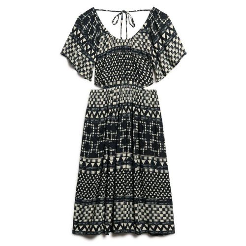 Image of Superdry Womens Shirbori Layer Mono Printed Cut Out Midi Dress