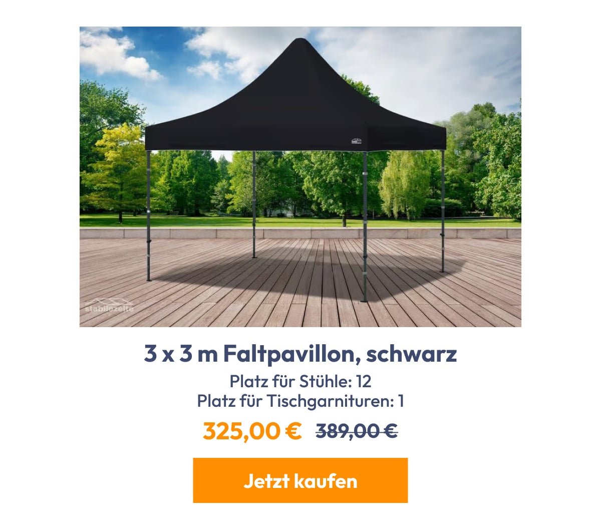 3 x 3 m Faltpavillon, schwarz | Platz für Stühle: 12 Platz für Tischgarnituren: 1 | 325,00 € | 389,…