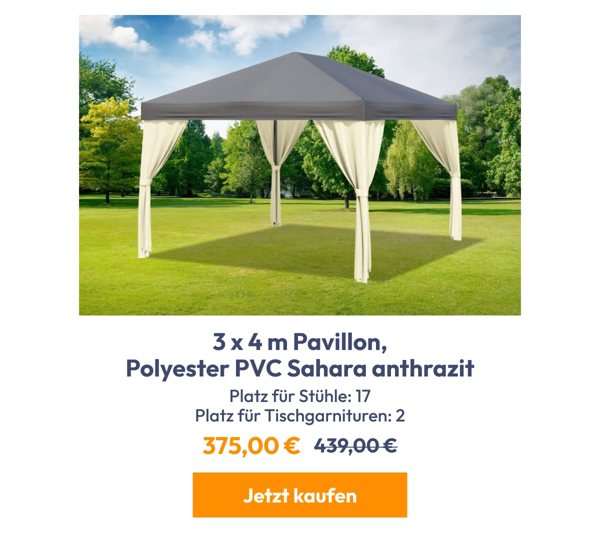 3 x 4 m Pavillon, Polyester PVC Sahara anthrazit | Platz für Stühle: 17 Platz für Tischgarnituren: …