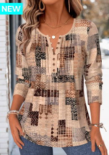 ROTITA Tuck Stitch Tribal Print Light Coffee T Shirt