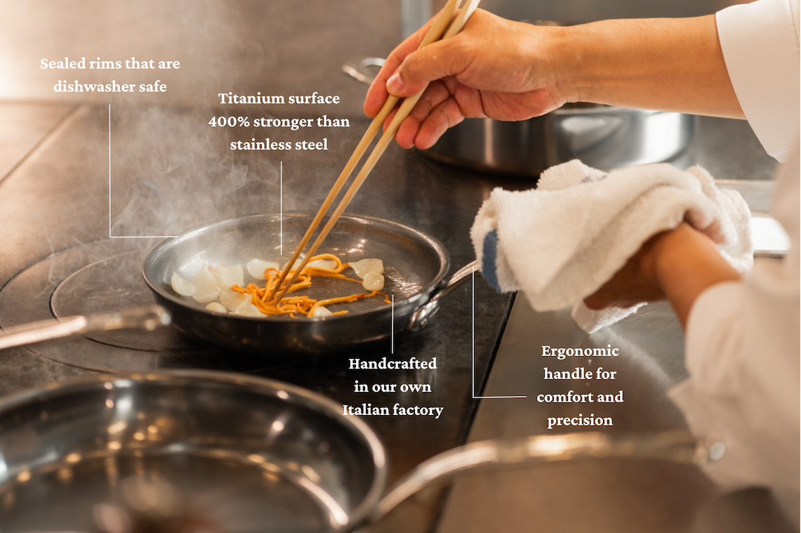 IMG: Cooking using Hestan skillet, with text indicating its features