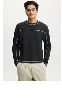 Black long sleeve crew neck sweatshirt with piping detail
