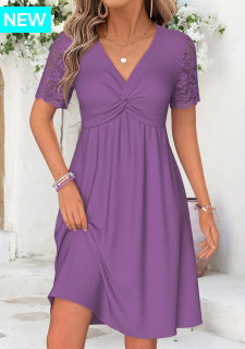 ROTITA Purple Twist Short V Neck Dress