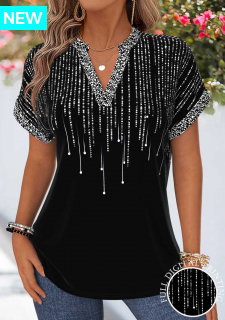 ROTITA Tummy Coverage Ombre Black Split Neck Short Sleeve Blouse