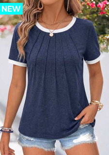 ROTITA Patchwork Navy Round Neck Short Sleeve T Shirt