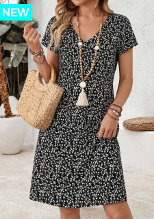 ROTITA Black Ditsy Floral Print Tummy Coverage Short Dress