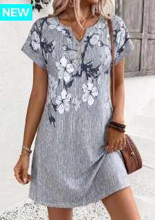 ROTITA Grey Floral Print Double Side Pockets Short Dress