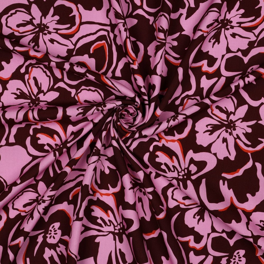 Tissu Viscose EcoVero Fleurs sur fond Bordeaux