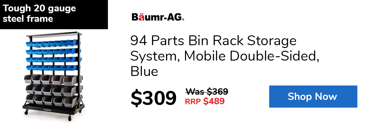 94 Parts Bin Rack Storage System, Mobile Double-Sided, Blue